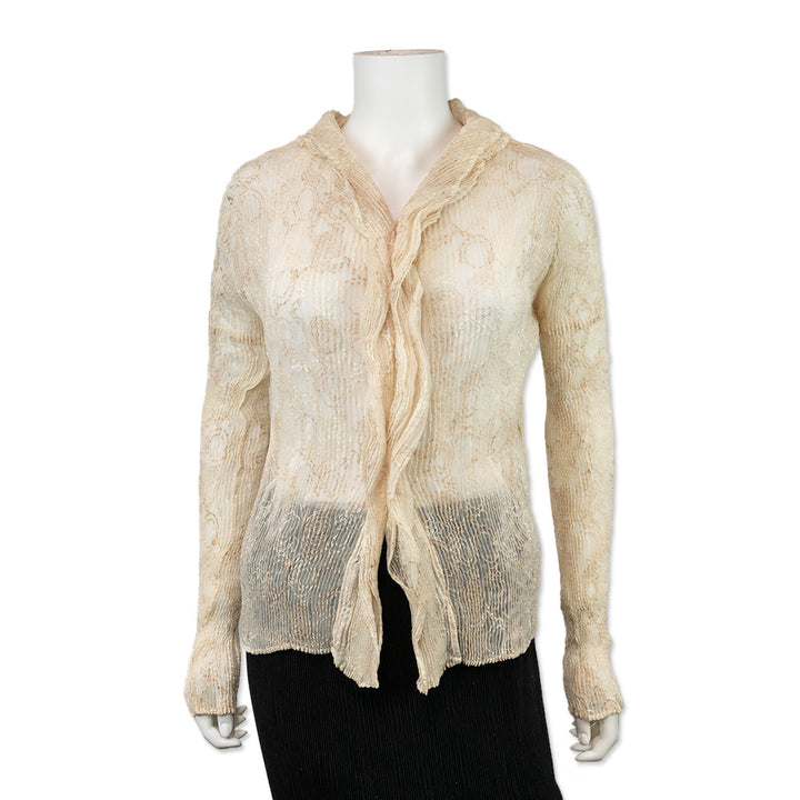 Issey Miyake Fete Cream Pleated Open Front Cardigan with Embroidery