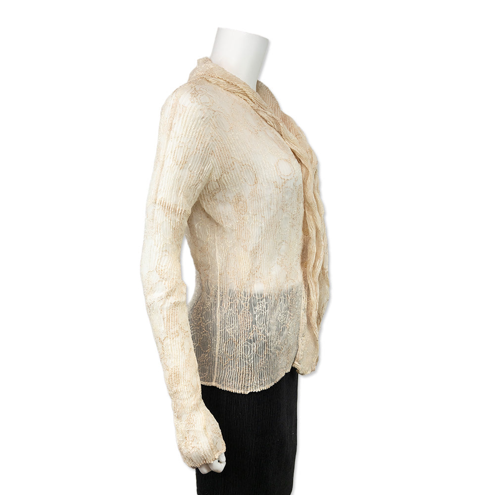 Issey Miyake Fete Cream Pleated Open Front Cardigan with Embroidery