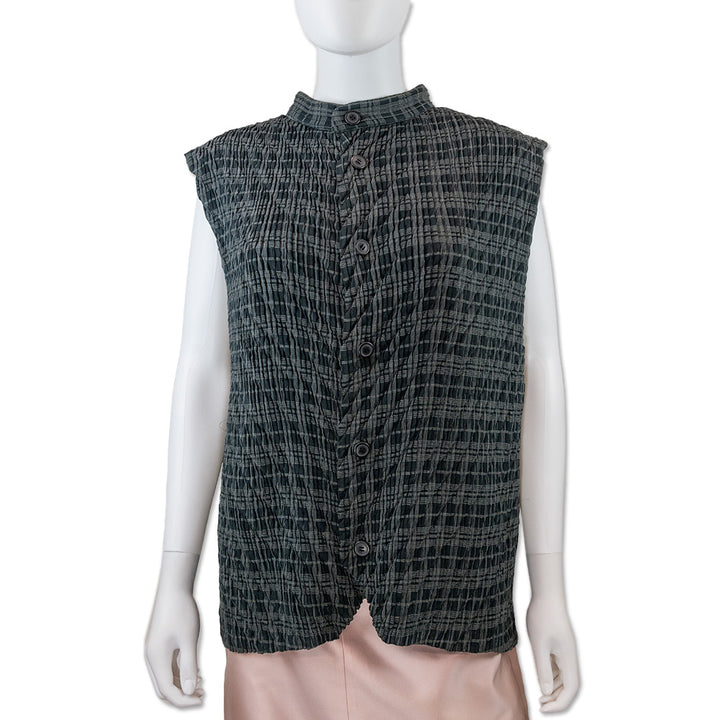 Issey Miyake Men Black Plaid Pleated Band Collar Vest