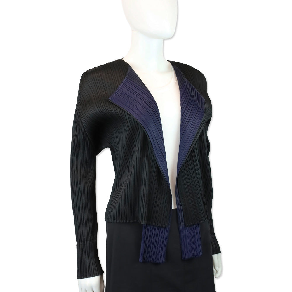 Issey Miyake Pleats Please Black/Navy Pleated Merry Bicolor Cardigan