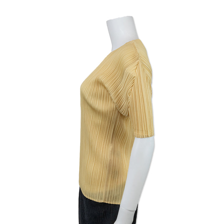 Issey Miyake Pleats Please Butter Yellow Short Sleeve Pleated Top