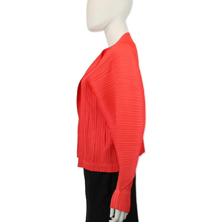 Issey Miyake Pleats Please July Monthly Colors: Bright Red Open Front Cardigan