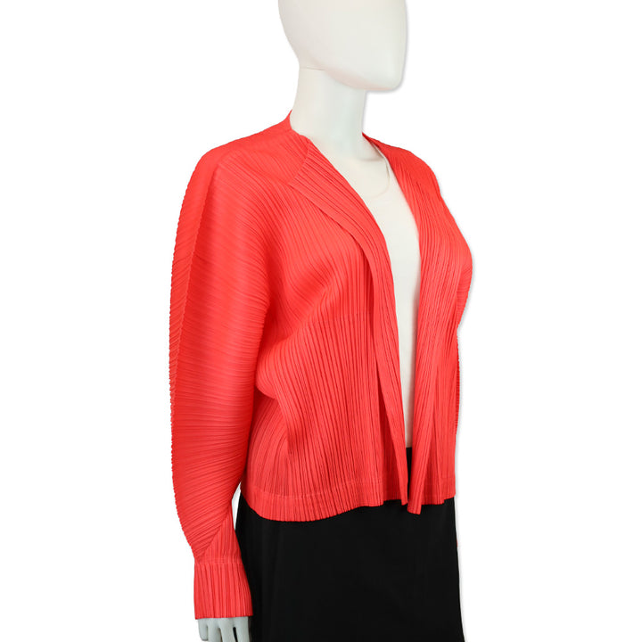 Issey Miyake Pleats Please July Monthly Colors: Bright Red Open Front Cardigan