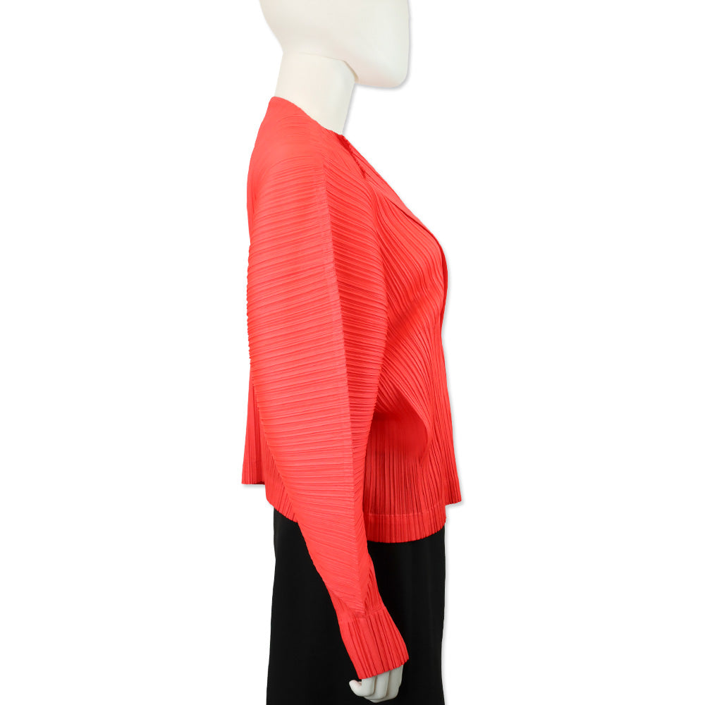 Issey Miyake Pleats Please July Monthly Colors: Bright Red Open Front Cardigan