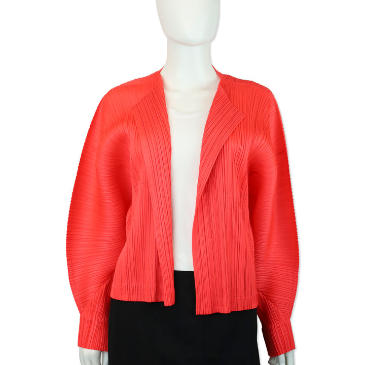 Issey Miyake Pleats Please July Monthly Colors: Bright Red Open Front Cardigan