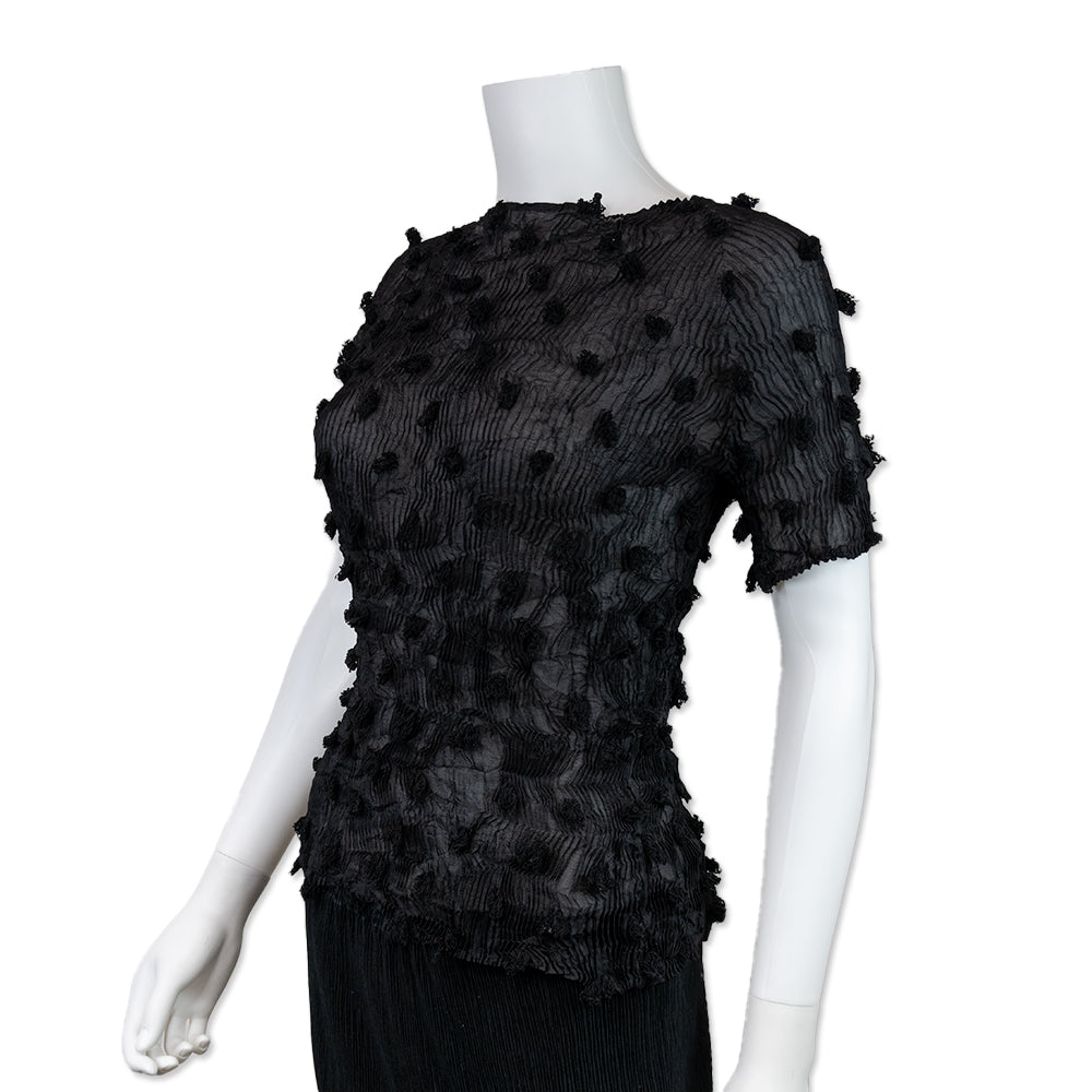 Issey Miyake Sheer Black Pleated Short Sleeve Top with Embroidery