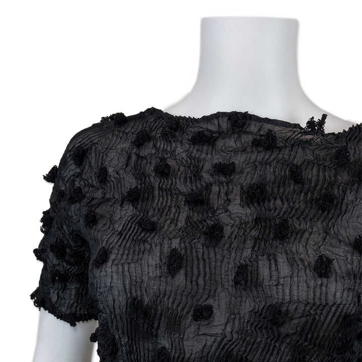 Issey Miyake Sheer Black Pleated Short Sleeve Top with Embroidery