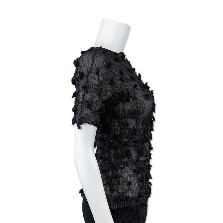 Issey Miyake Sheer Black Pleated Short Sleeve Top with Embroidery