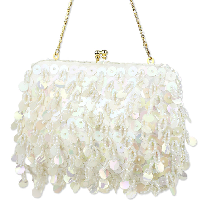 Ivory Beaded Sequin Satin Kiss-Lock Clutch