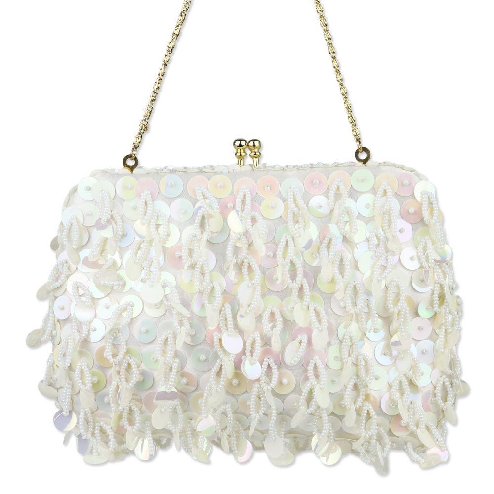 Ivory Beaded Sequin Satin Kiss-Lock Clutch