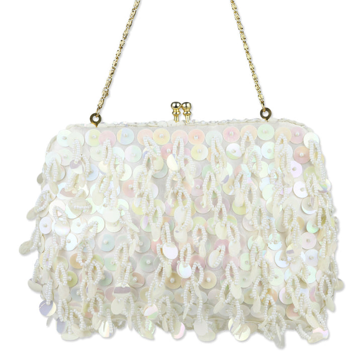 Ivory Beaded Sequin Satin Kiss-Lock Clutch