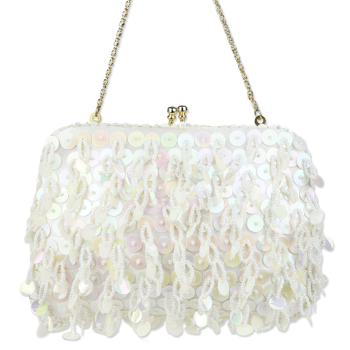 Ivory Beaded Sequin Satin Kiss-Lock Clutch