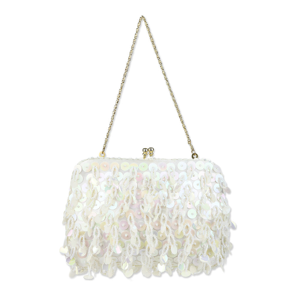 Ivory Beaded Sequin Satin Kiss-Lock Clutch