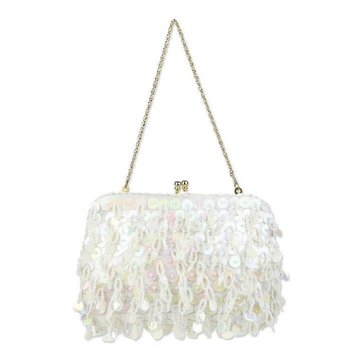 Ivory Beaded Sequin Satin Kiss-Lock Clutch
