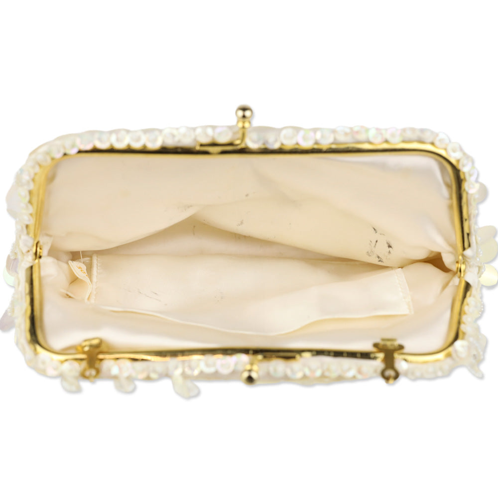 Ivory Beaded Sequin Satin Kiss-Lock Clutch