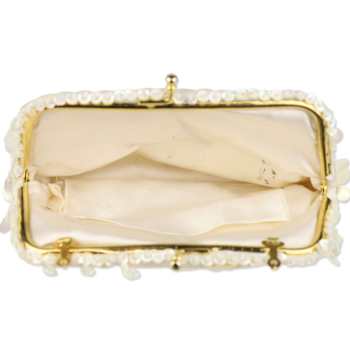 Ivory Beaded Sequin Satin Kiss-Lock Clutch