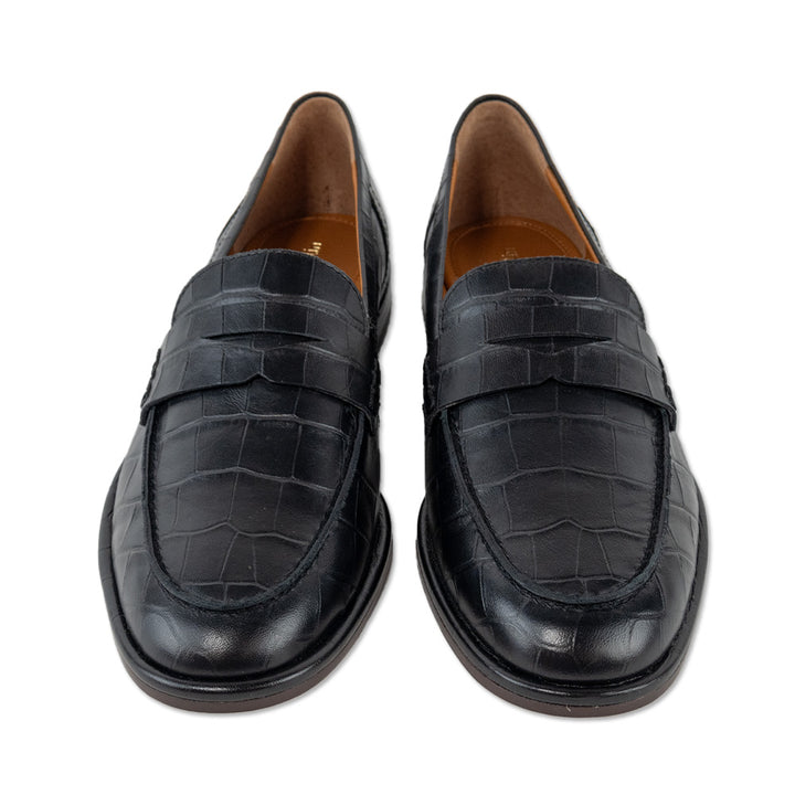 J.McLaughlin Black Concetta Croc-Embossed Leather Penny Loafers