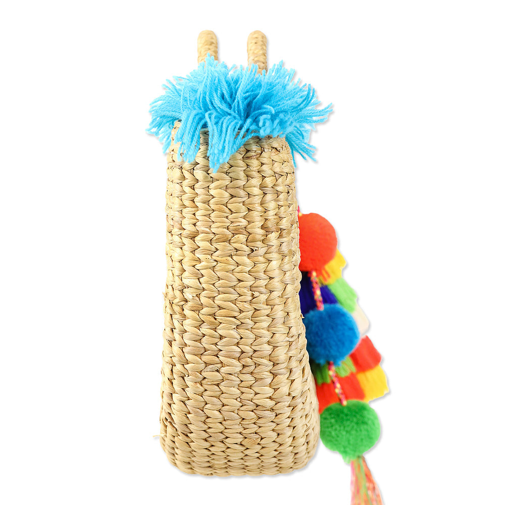 JADEtribe Woven Hyacinth Blue Fringed Beach Basket Bag with Pom Pom Tassels