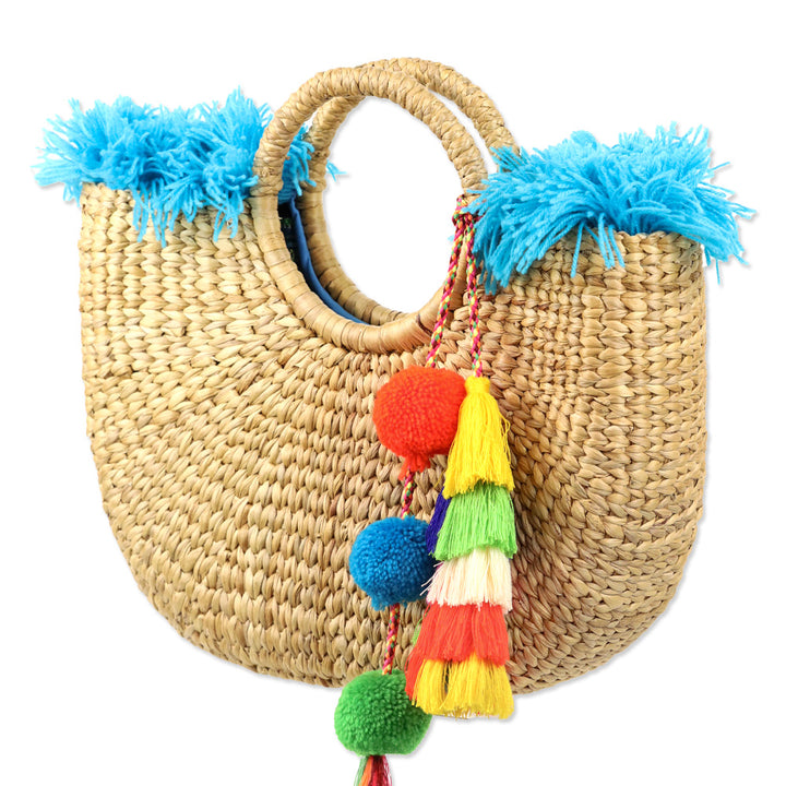JADEtribe Woven Hyacinth Blue Fringed Beach Basket Bag with Pom Pom Tassels