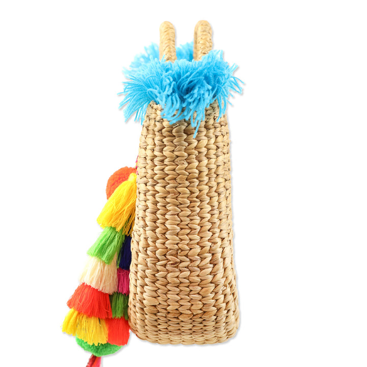 JADEtribe Woven Hyacinth Blue Fringed Beach Basket Bag with Pom Pom Tassels
