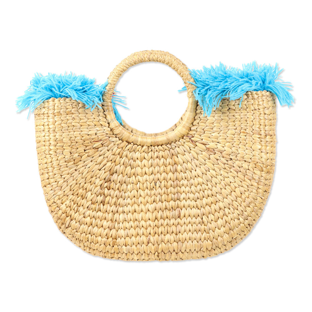 JADEtribe Woven Hyacinth Blue Fringed Beach Basket Bag with Pom Pom Tassels