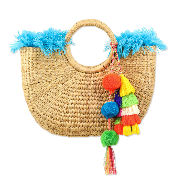 JADEtribe Woven Hyacinth Blue Fringed Beach Basket Bag with Pom Pom Tassels