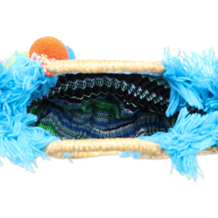 JADEtribe Woven Hyacinth Blue Fringed Beach Basket Bag with Pom Pom Tassels