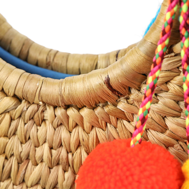 JADEtribe Woven Hyacinth Blue Fringed Beach Basket Bag with Pom Pom Tassels