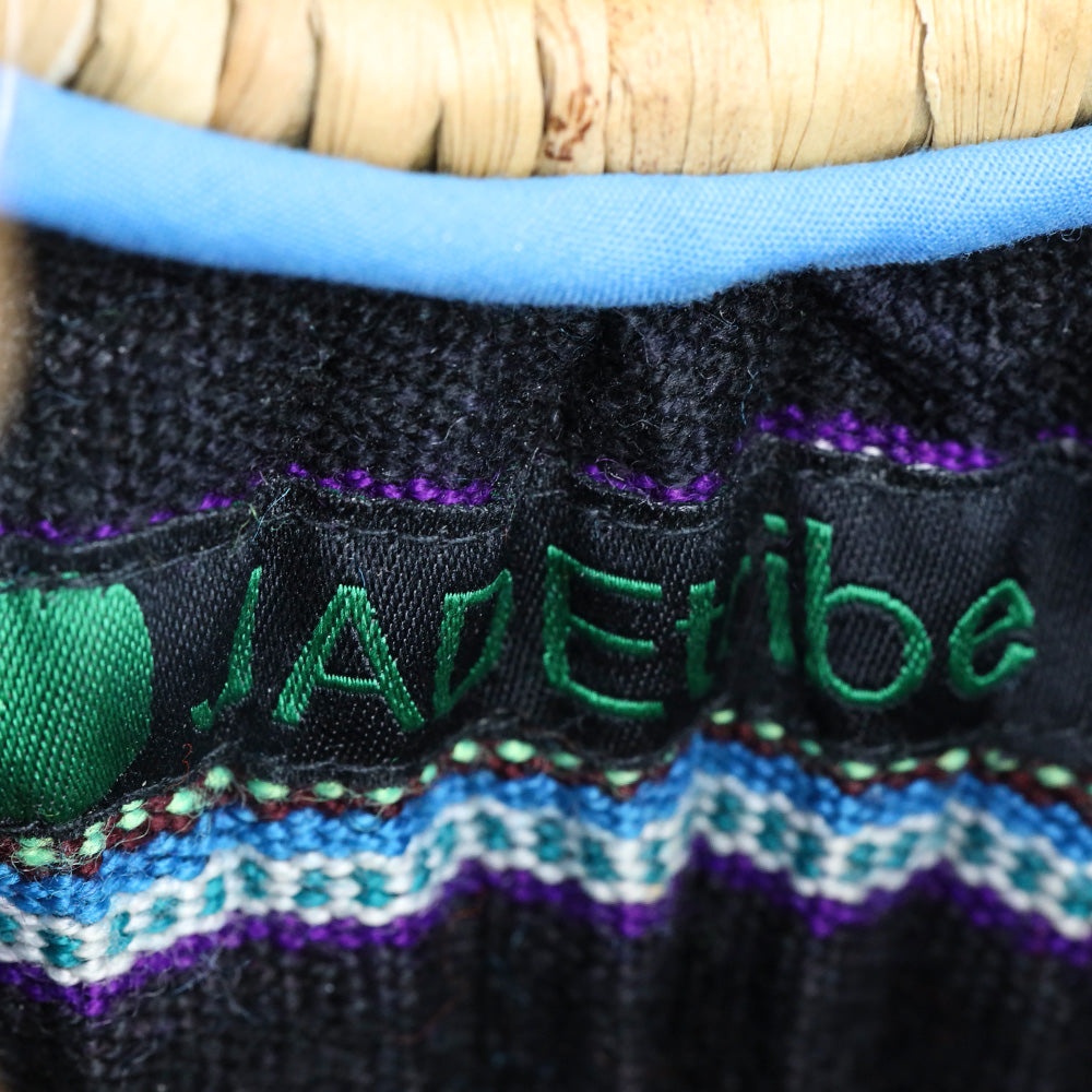 JADEtribe Woven Hyacinth Blue Fringed Beach Basket Bag with Pom Pom Tassels