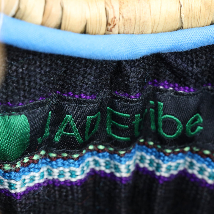 JADEtribe Woven Hyacinth Blue Fringed Beach Basket Bag with Pom Pom Tassels