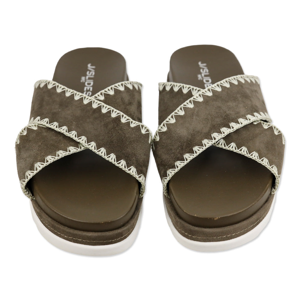 J/Slides Boo Brown Suede Whipstitched Platform Slide Sandal