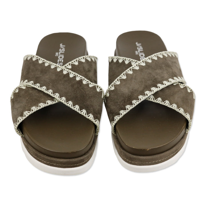 J/Slides Boo Brown Suede Whipstitched Platform Slide Sandal