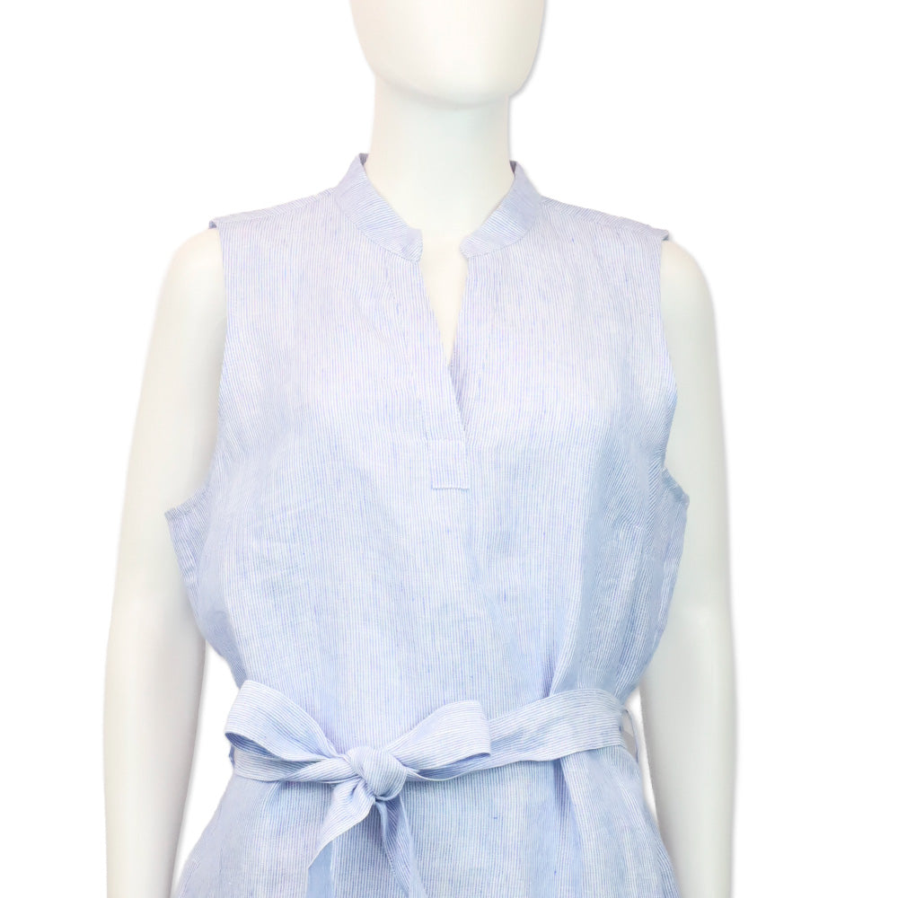 Jaeger Blue/White Stripped Sleeveless Belted Midi Dress