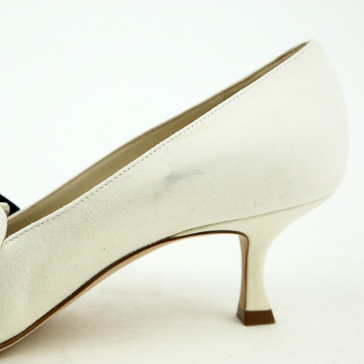 Manolo Blahnik Serba 70 White Suede Bow Pumps