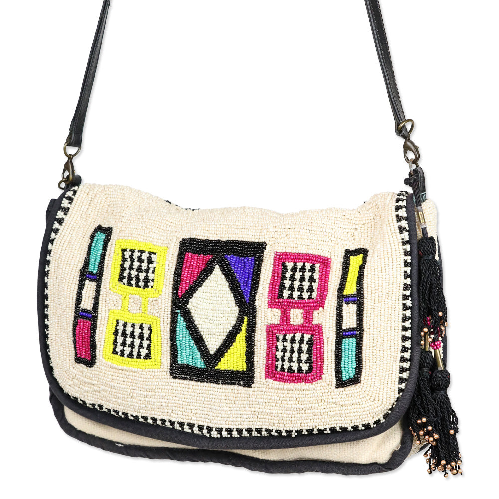 Jasper & Jeera Cream Multicolor Pattern Beaded Crossbody Bag