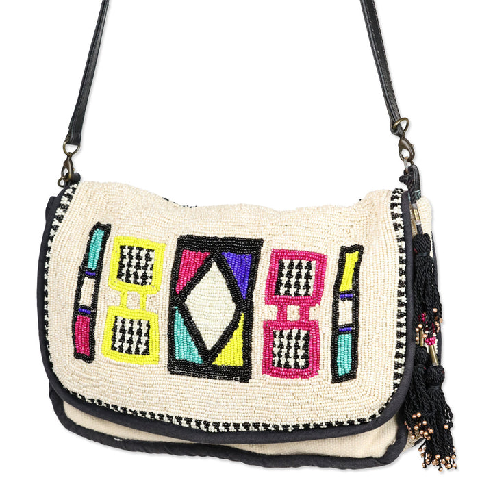 Jasper & Jeera Cream Multicolor Pattern Beaded Crossbody Bag