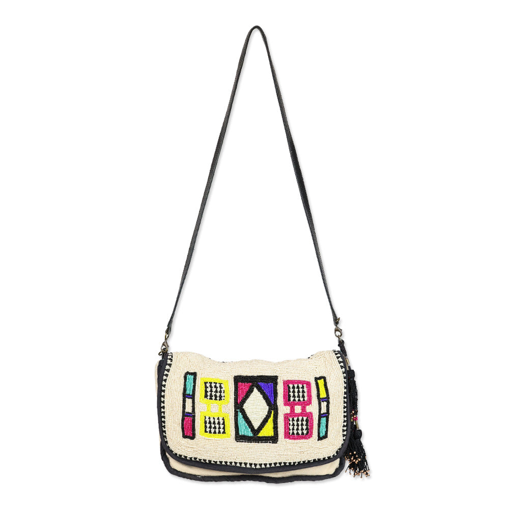 Jasper & Jeera Cream Multicolor Pattern Beaded Crossbody Bag