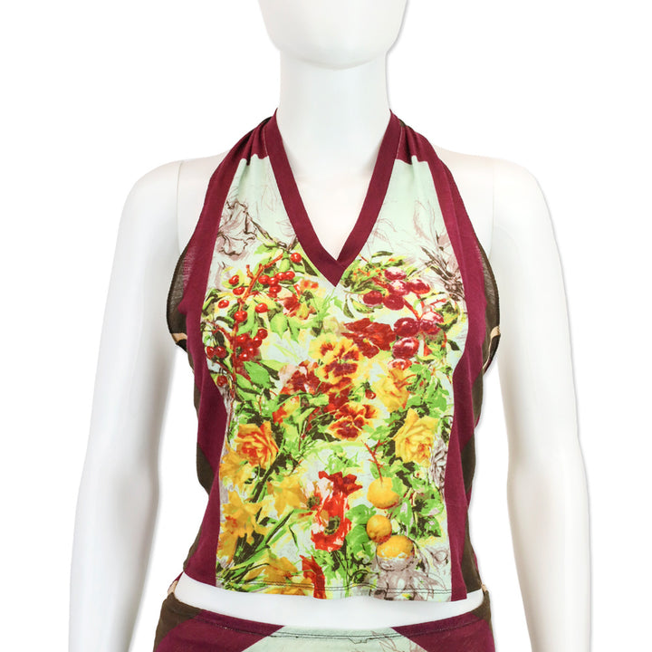 Jean Paul Gaultier Maille Femme Floral Sketch Stripe Jersey Cropped Halter Top
