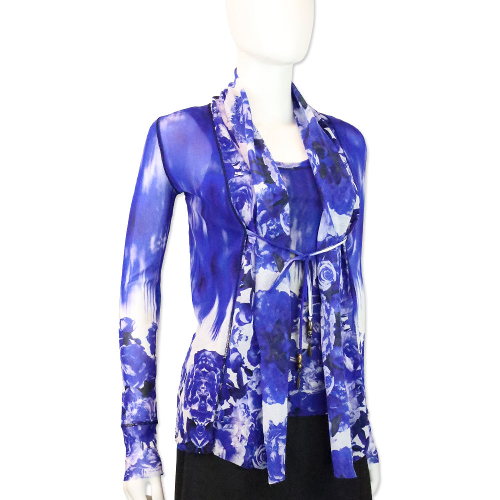 Jean Paul Gaultier Soleil Blue Floral Printed Mesh 2 Piece Tank Top & Cardigan