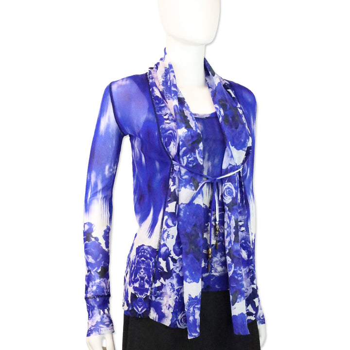 Jean Paul Gaultier Soleil Blue Floral Printed Mesh 2 Piece Tank Top & Cardigan