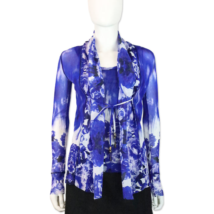 Jean Paul Gaultier Soleil Blue Floral Printed Mesh 2 Piece Tank Top & Cardigan