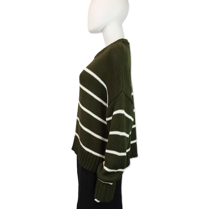 Jenni Kayne Army Green/White Stripe Chloe Crewneck Sweater
