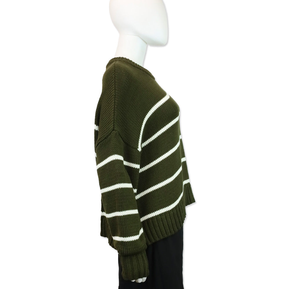 Jenni Kayne Army Green/White Stripe Chloe Crewneck Sweater