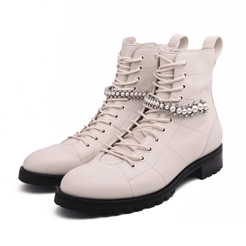 Jimmy Choo Cruz Crystal Embellished Cream Combat Boots