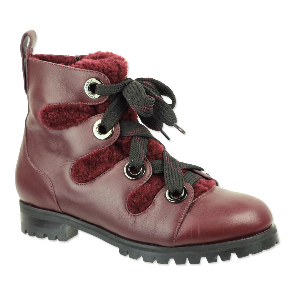 Jimmy Choo Bei Flat Burgundy Leather Shearling Boot