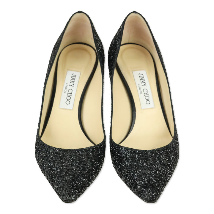 Jimmy Choo Black Coarse Glitter Fabric Romy 60 Pumps