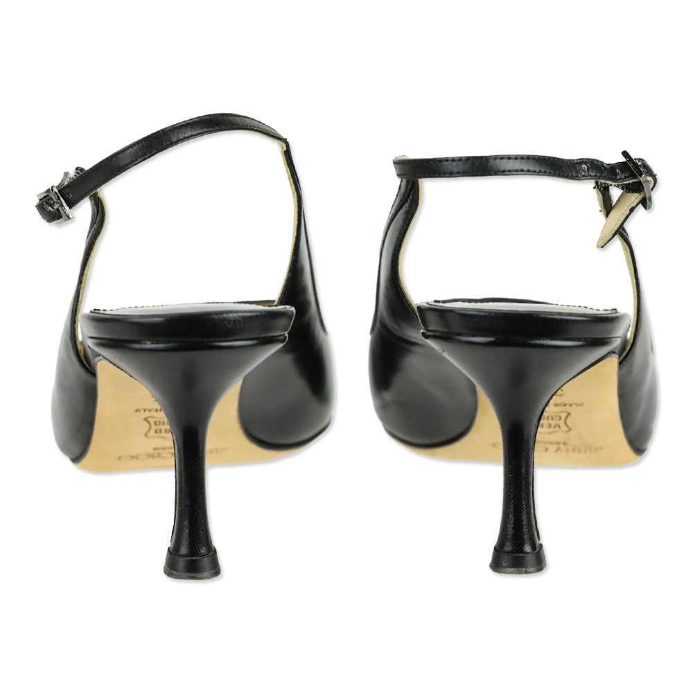 Jimmy Choo Black Leather Pointed Toe Lattice Detail Slingback Heels