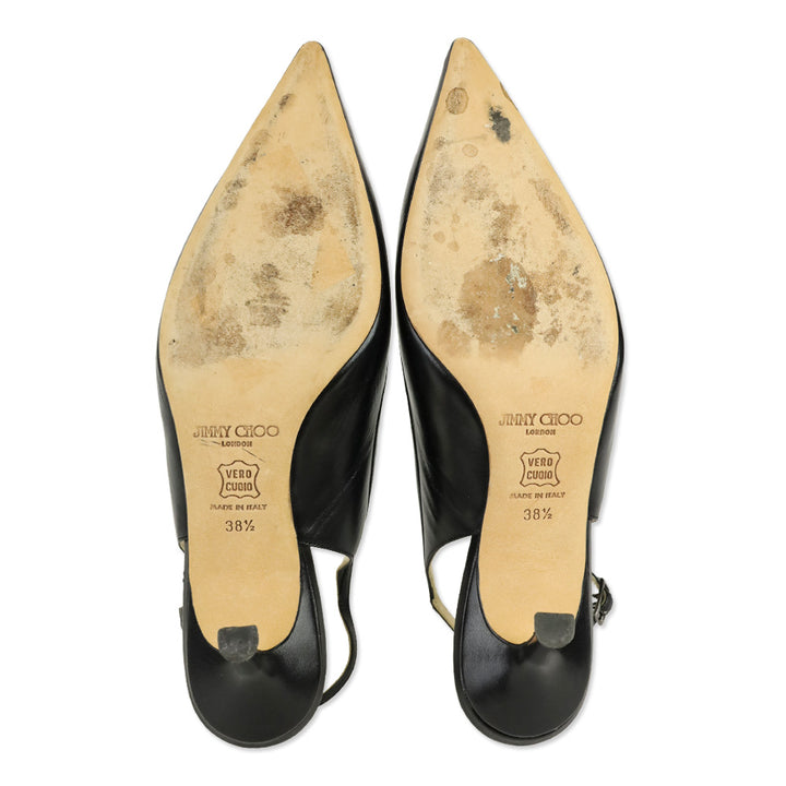 Jimmy Choo Black Leather Pointed Toe Lattice Detail Slingback Heels
