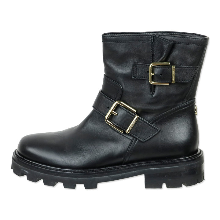 Jimmy Choo Black Leather Youth II Gold Double Buckle Moto Boots