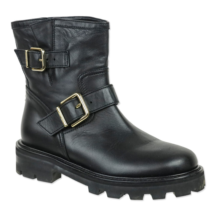 Jimmy Choo Black Leather Youth II Gold Double Buckle Moto Boots